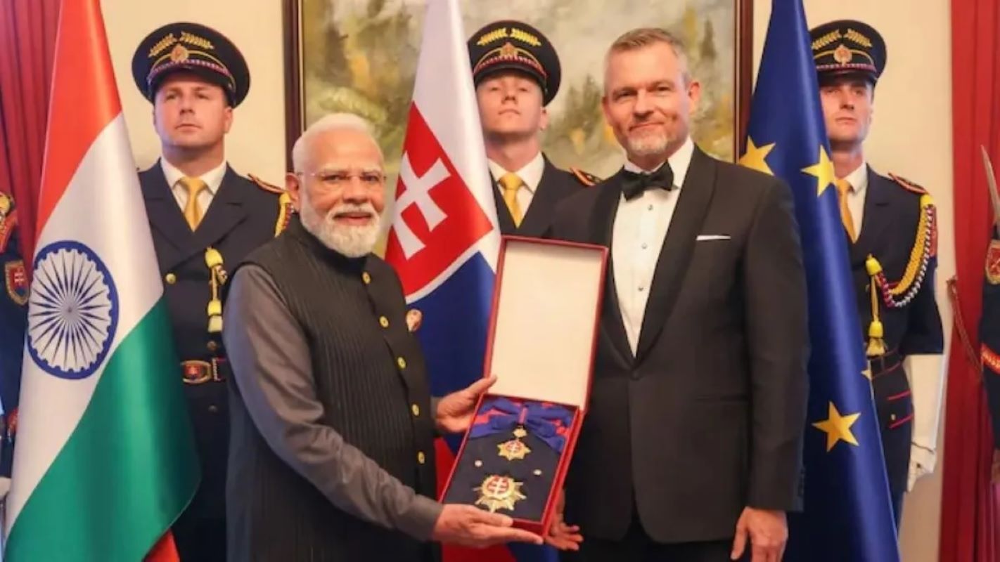 Prime Minister Narendra Modi received Slovakia’s highest state decoration, the Order of the White Double Cross, First Class, in Bratislava
